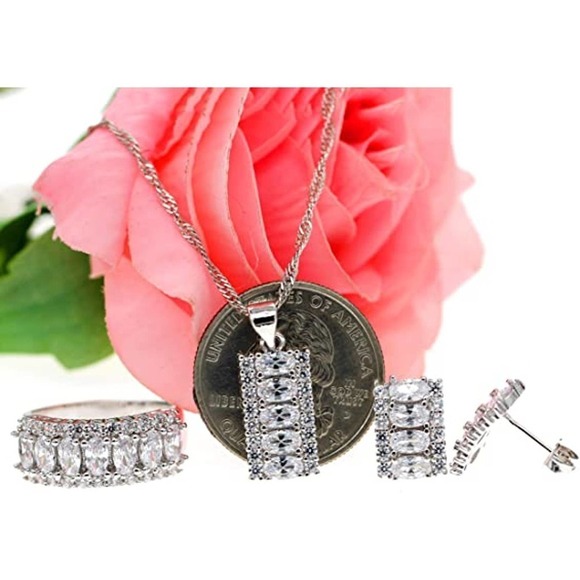 Crystal Necklace Earring Ring Set CZ Cubic Zircon Rhinestone Necklace Earrings - Picture 4 of 8